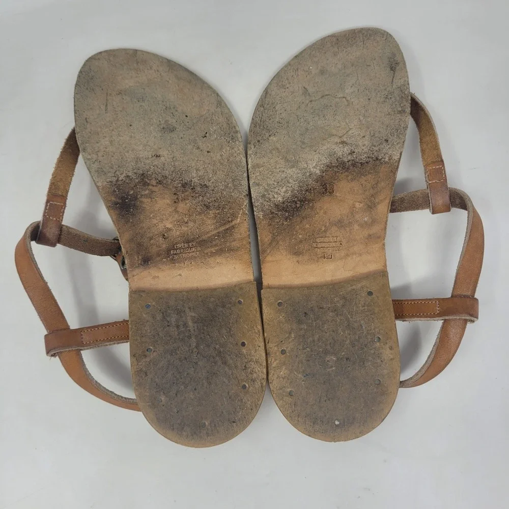 K.Jacques Sandals EU38 US7 Brown Leather T-Strap Gladiator Flat Resort Vacation